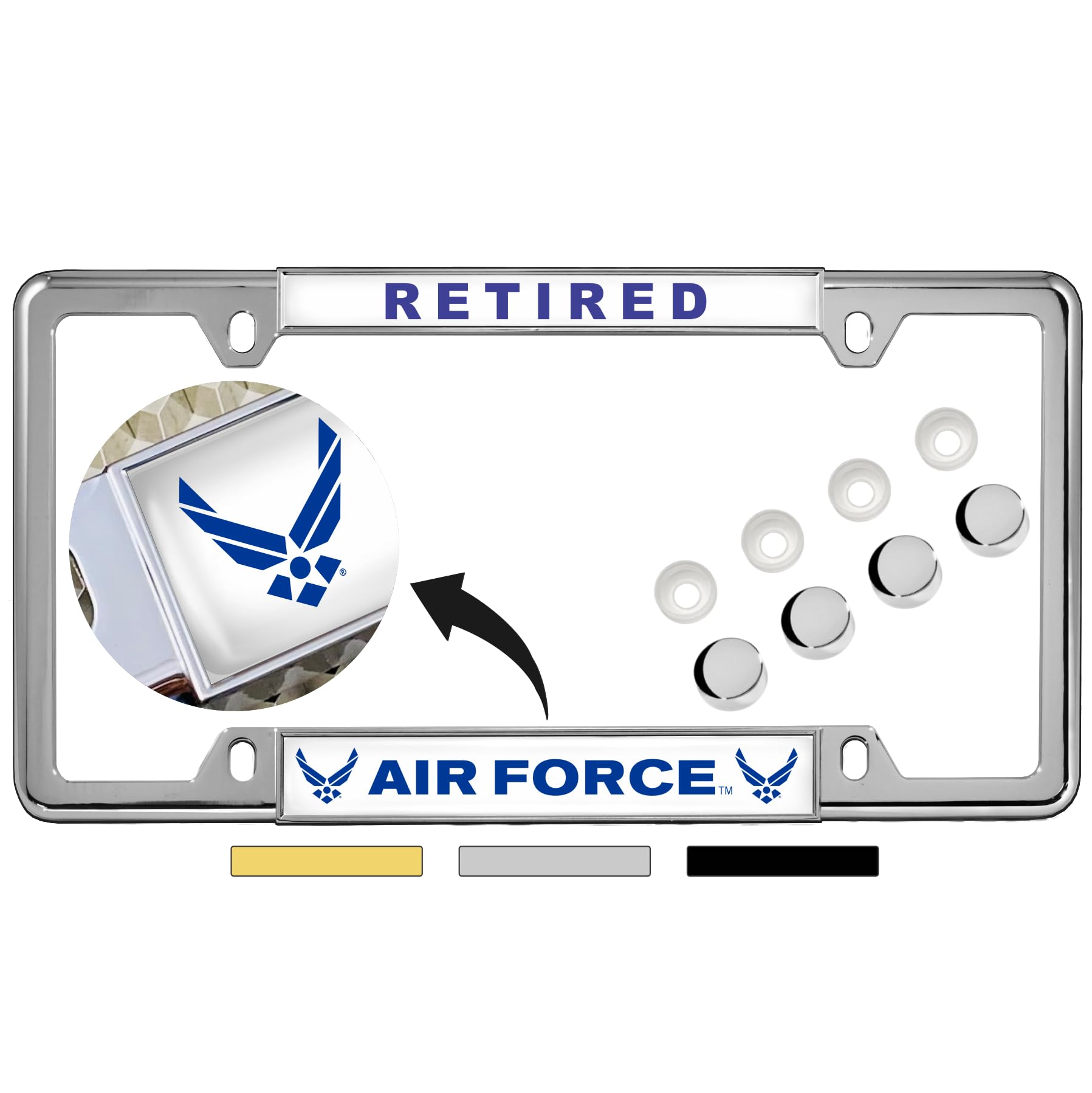 [Officially Licensed Product] - Retired U.S. Air Force with Wings Symbol - Domed Custom-Made Personalized Narrow (Thin) Top 4 Hole Metal Car License