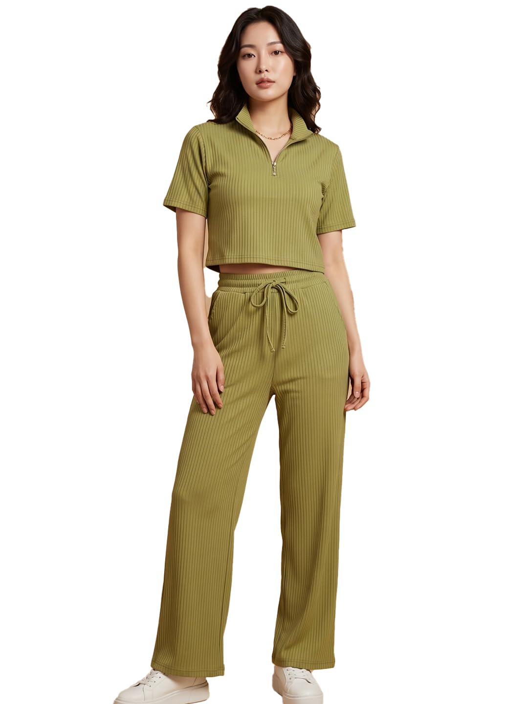 lugo Women Solid Co-Ord Set with Zip Polo Collar T-Shirt & Palazzo Pants | Trendy Two-Piece Outfit for Daily Wear, Lounge & Travel | Relaxed Fit Stylish Set-picture-52