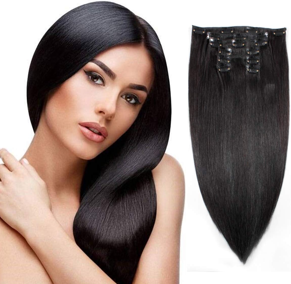 Urbest Hair Clip on Human Hair Extensions Brazilian Virgin Hair Clip In Hair Extensions 18" Human Hair Double Weft 7Pieces/Set 80g 16Clips (18"-80g,Natural Black #1B)
