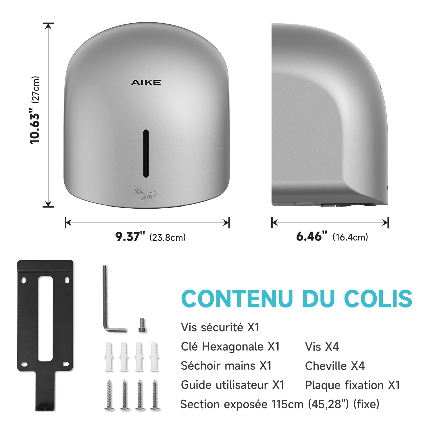 AIKE GentleAir Seche Mains Chauffant Silencieux, pour Maison & Salles de Bain, AC220V-240V, Argent Étoilé