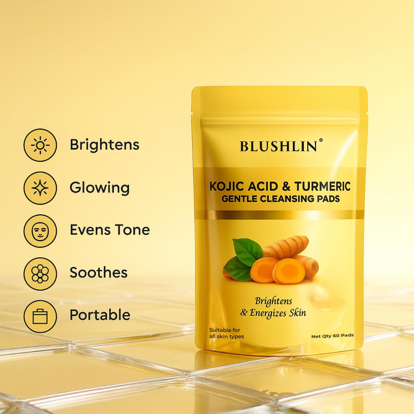 BLUSHLIN kojic acid and turmeric cleansing pads 60 Count β Dark Spot Removal, Skin Brightening & Acne Care | With Vitamin C, Retinol & Chamomile | Makeup Remover | For Women & Men | All Skin Types | 60 Pads (Pack of 1) 1
