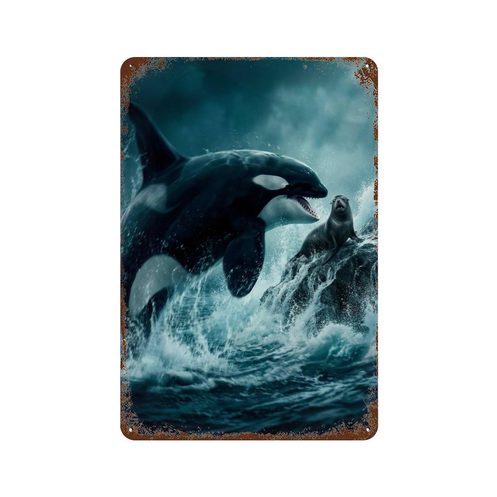 Orca And Seal in Ocean Vintage Rust Metal Sign 11.8"x7.9", Classic Wall Plaque for Garage, Pub Or Kitchen