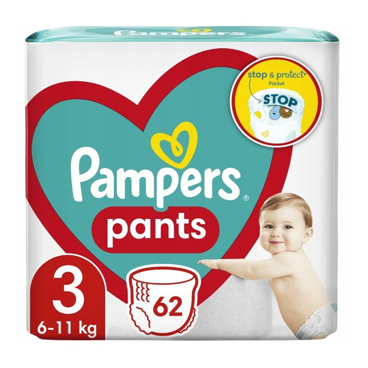 Pampers Pants Windeln Größe 3 (6-11kg), 62 Stück, Schutz & Komfort Pampers in Einfach anzubringenden Windeln