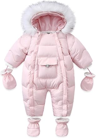 Baby Snowsuit One-Piece Thickened Winter Jumpsuit for Toddler With Gloves & Booties Zip-Up Hooded Warm Down Coat