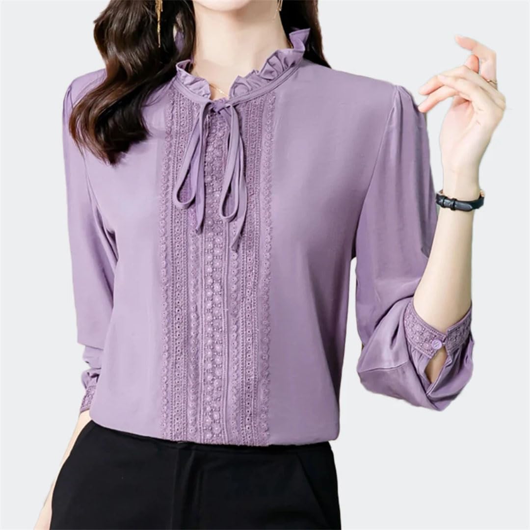 Camisas de seda de encaje para mujer, blusas de manga larga con borde de hongos, cuello de lazo, para oficina