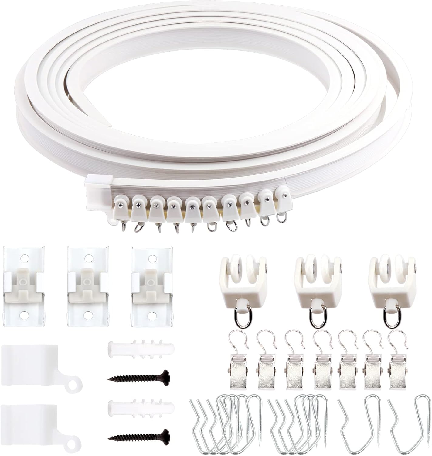 Keadic 160Pcs 5M/16.4FT Bendable Curved Ceiling Mount Curtain Track with Track Rollers, Snap-on Ceiling Brackets, End Caps, Drapery Hooks, Curtain Clips for Room Divider, Shower Curtains?White?