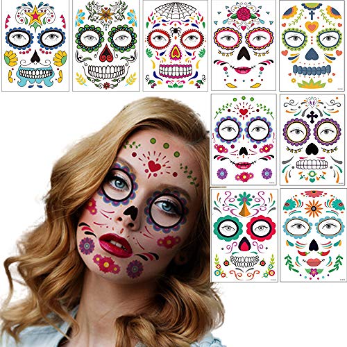Sugar Skull Face Temporary Tattoo Day of the Dead Roses Floral Skeleton Face Tattoos Sticker 9 Sheets Makeup Tattoo Stickers for Halloween Masquerade Party