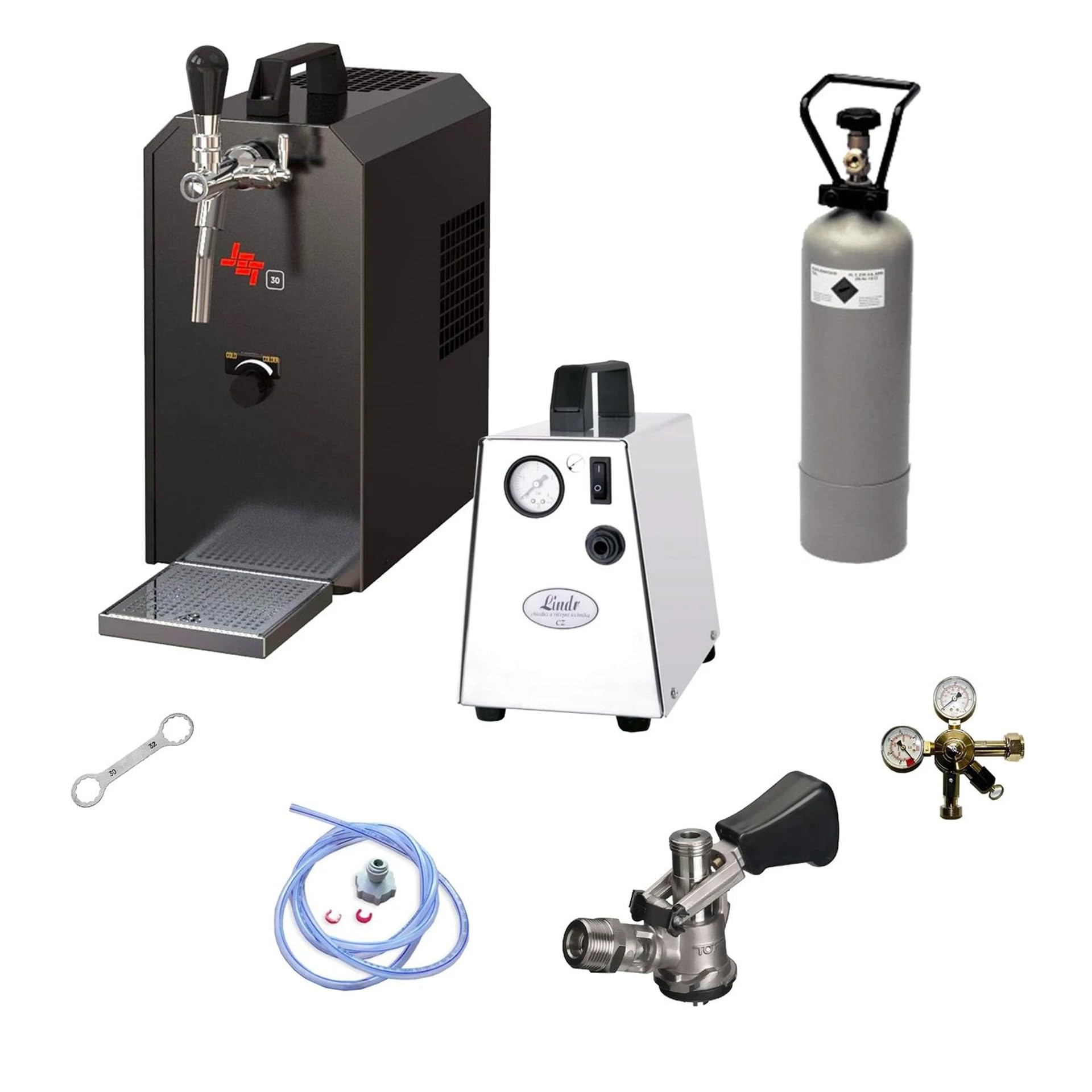 Kit Completo Sistema de Tiro de Cerveza Jet 30, Enfriador en línea seco, 35 l/h, con regulador CO2, Botella 2 kg, mangueras y Cabezal Cesta, Tipo S