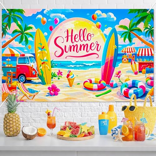 Image of BlissYard Hello Summer Banner 71 x 43 Inch Summer Party Decorations Backdrop Beach Car Surfboard Ice Cream Luau Party Decorations Pool Party Photo Backdrop Indoor Outdoor Wall Decor