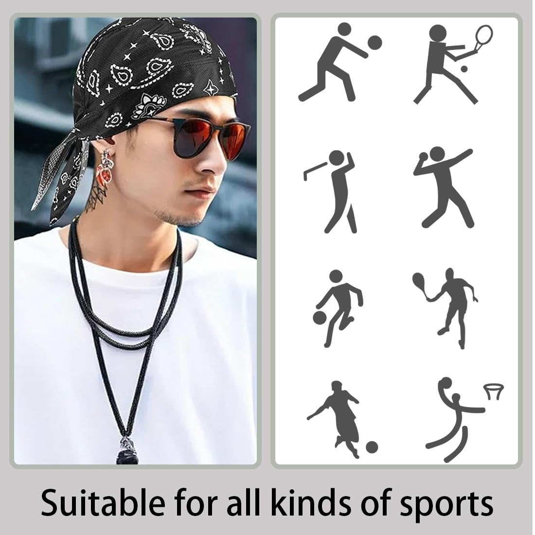 2 pañuelos deportivos para hombre y mujer, ligeros y transpirables, para debajo del casco, turbante, turbante de ciclismo de verano, para deportes al aire libre como y senderismo (negro y blanco)