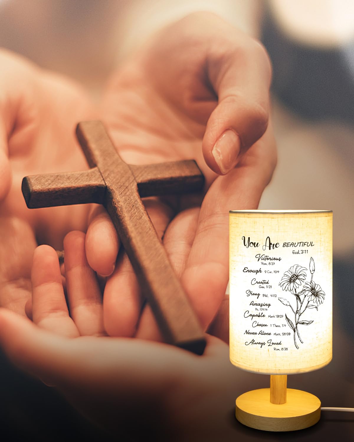 Christliche Tischlampe Mit Schriftversen – Leinenschirm, Holzfuß, Motivierendes Geschenk Für Frauen