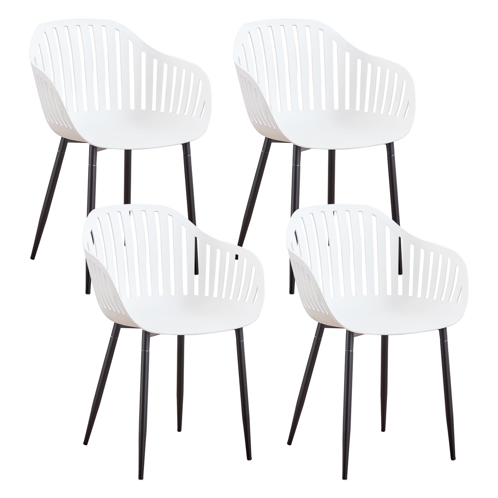 GrandCA HOME Juego de 4 Sillas de Comedor Modernas, Sillas de Cocina con Respaldos Huecos Verticales, Reposabrazos y Patas de Metal Negro, Adecuadas para Salas de Estar, Balcones, Oficinas - Blanco