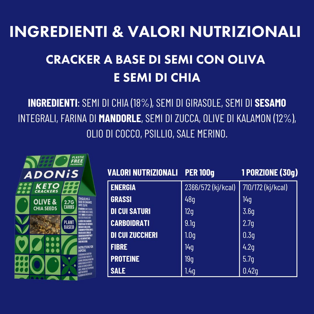 Cracker Proteici Adonis Keto alle Olive e Semi di Chia (confezione da 10 x 60g) |Vegano & Keto Friendly | 100% Naturale | Senza Glutine, Senza Zuccheri, Senza Olio di Palma,
