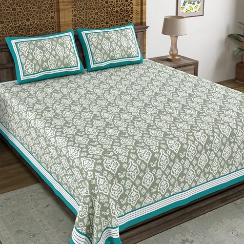 Image of BLOCKS OF INDIA Hand Block Printed 300 TC Cotton Super King Size Bedsheet(106 x 106) (Multi 18)