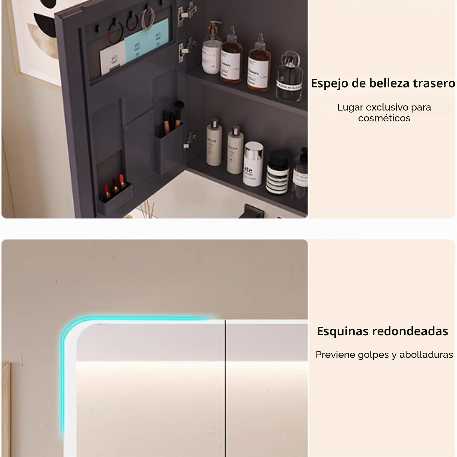 Moderna Armario Espejo Baño con Luz LED, Aluminio Rectangular, Antivaho, Maquillaje Inteligente, Sensible al Tacto ( Color