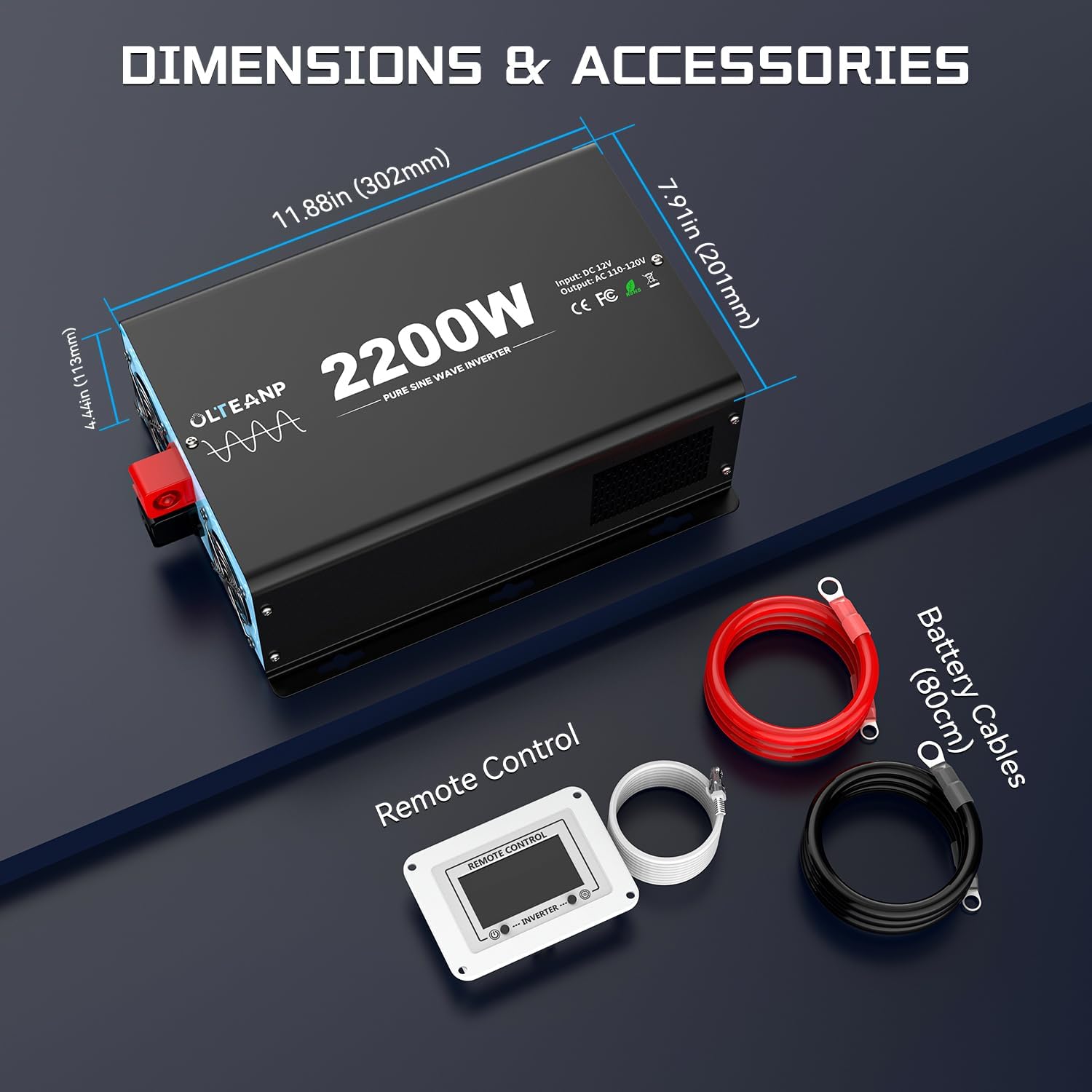 Dimensions and accessories included with the inverter
