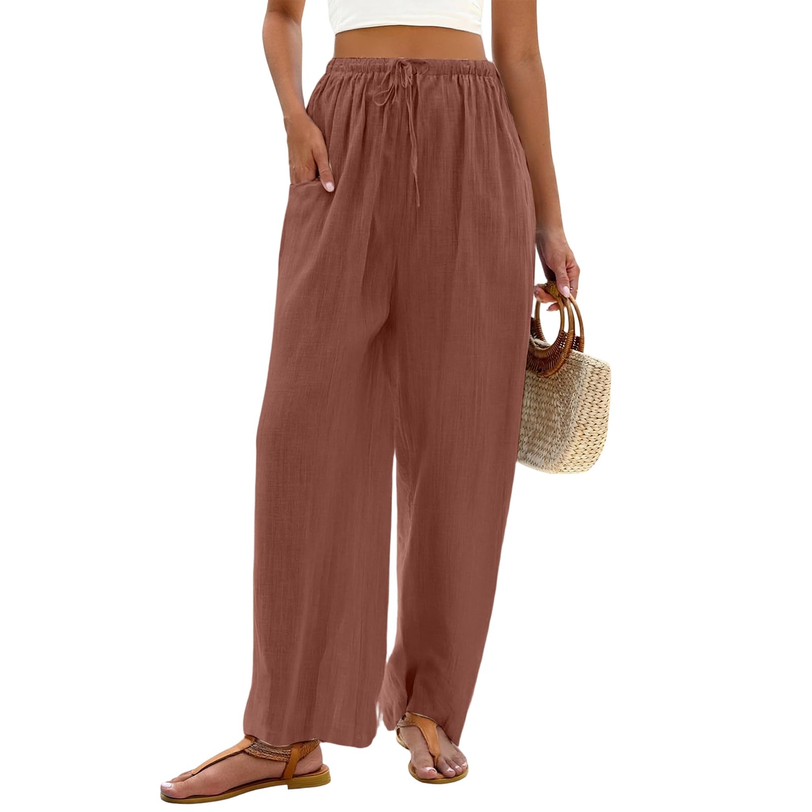 Linen Pants Women Wide Leg High Waisted Drawstring Lightweight Flowy Casual Loose Vacation Beach Pants with Pockets