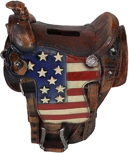 Ebros Gift Rústico Western Faux Tooled Leather Rustic Western Cowboy Horse Sillín con bandera patriótica de Estados Unidos, moneda de ahorro,