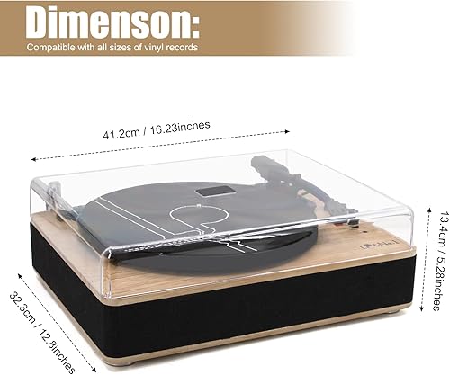 Miniatura 6 de Tocadiscos de vinilo de 3 velocidades con transmisión por correa con altavoces estéreo y reproducción y grabación USB (madera clara)