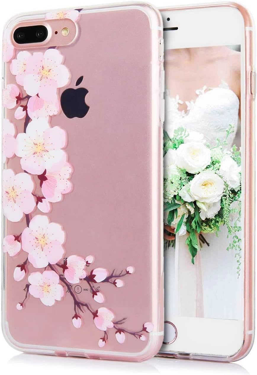 TRENSOM iPhone 8 Plus Case iPhone 7 Plus Case for Women Clear Protective Case with Design, Cute Slim Bumper Case, Pink Floral Pattern Soft TPU, Shockproof Phone Cases Anti-Scratch, White Pink