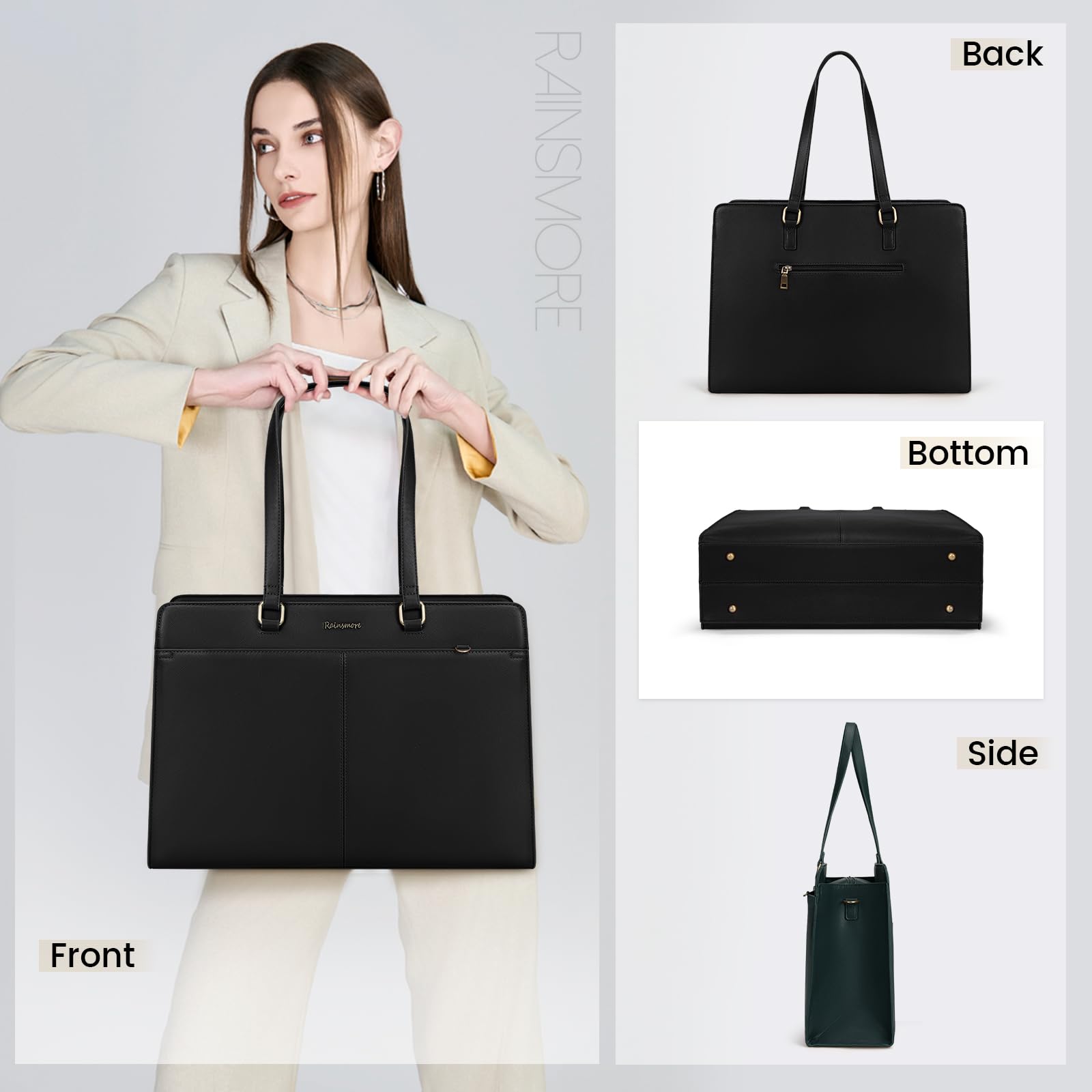 RAINSMORE Borsa Donna Grande Borsa Università Impermeabile 15,6 pollici Laptop Borsa da Lavoro Borsa a Tracolla in Pelle PU Viaggi Scuola Ufficio Shopping Nero