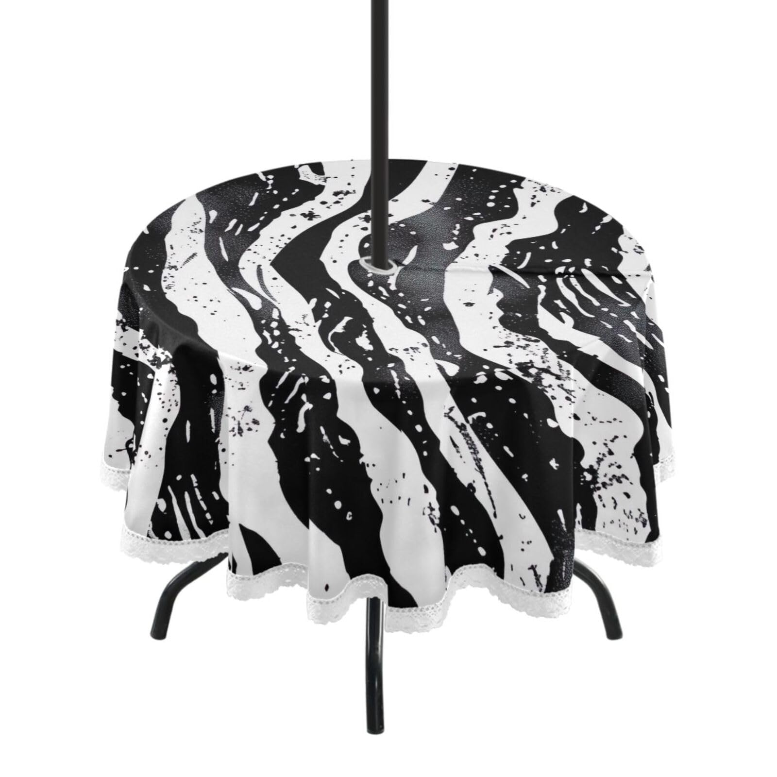 Wajiw 60 Inch Indoor Outdoor Round Tablecloth with Umbrella Hole and Zipper Waterproof Patio Table Cover for Camping Dining Room Party Outdoor Picnic,Zebra Stripes