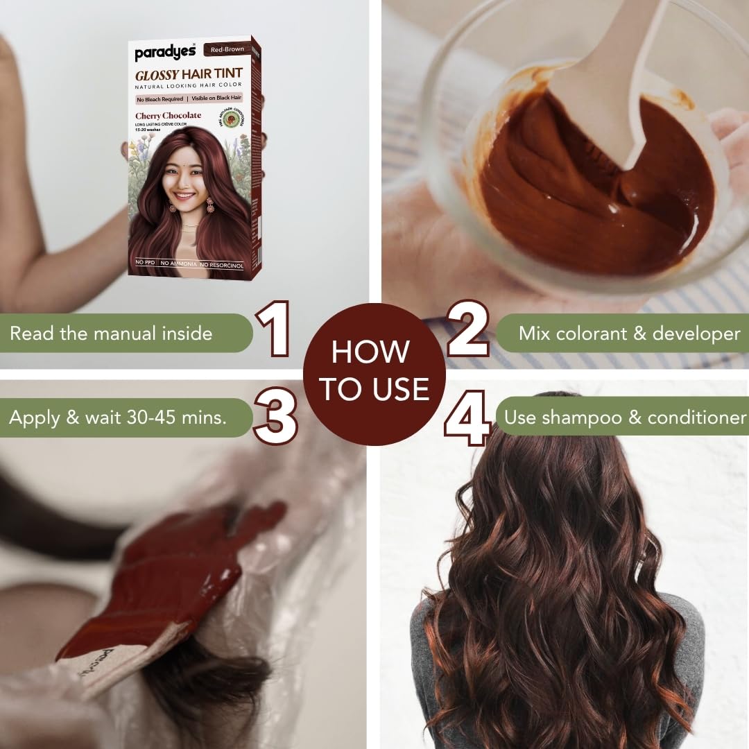 paradyes No Bleach Glossy Hair Tint, Ammonia-Free Formula for Natural Black Hair, Visible on Natural Black Hair, Includes Anti-Fade Conditioner for Long-Lasting Shine 160 g(Pack of 1) Cherry Chocolate