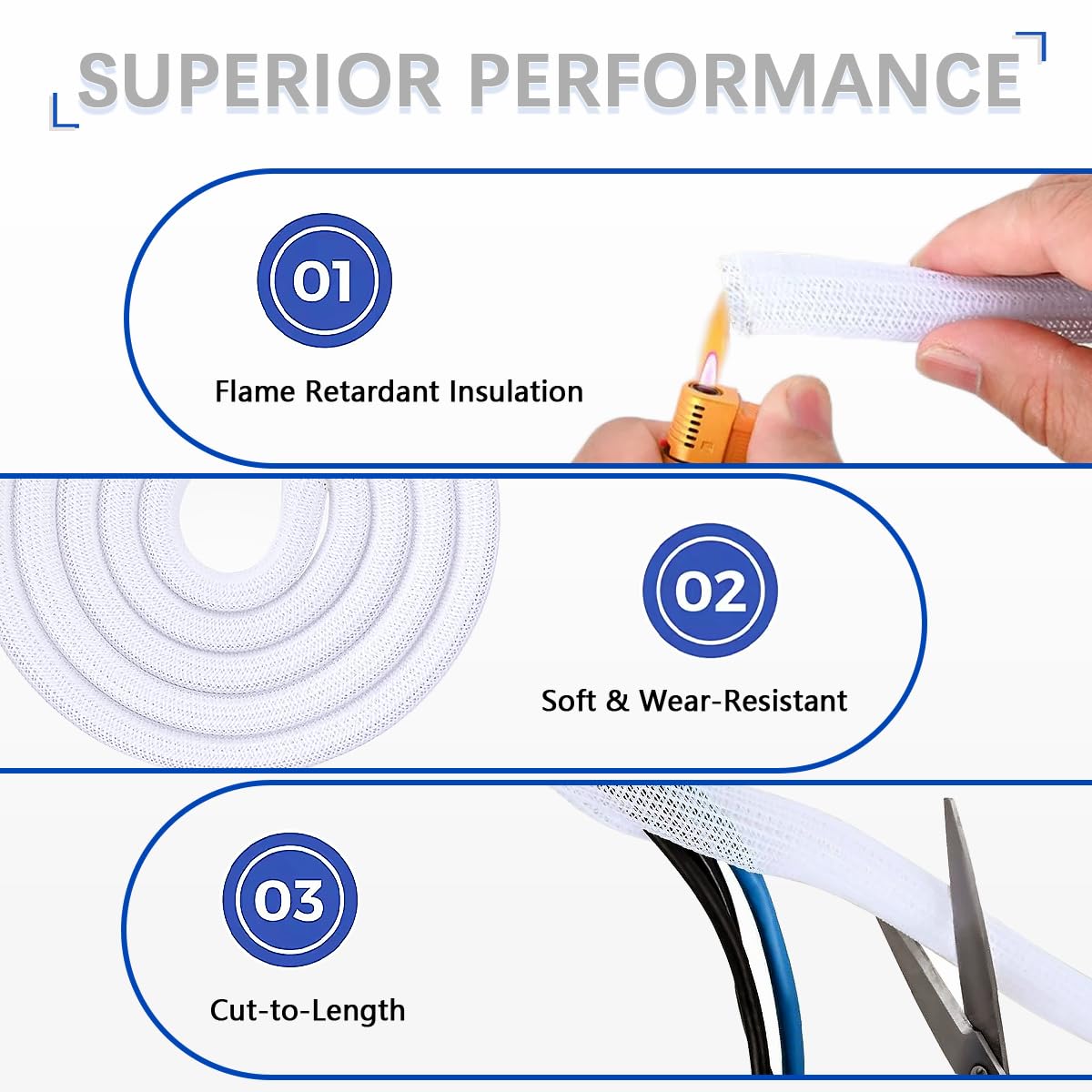 ILLUVA 10FT Cable Tidy White Sleeve (Φ1/2"), Flame-Retardant Desk Cable Management for USB & Computer Wires - Image 2