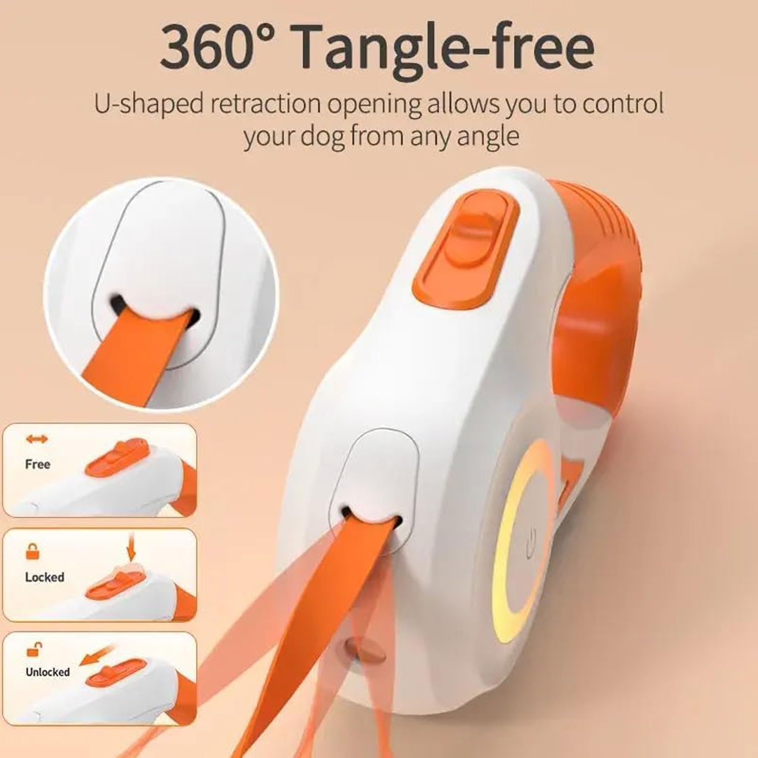Correa retráctil automática para perro con linterna y luces LED de seguridad, color naranja