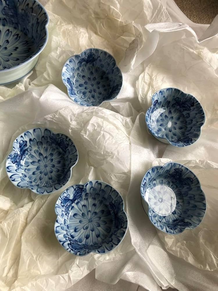 有田名窯 文山窯 染付 菊割紋 向附と千代口 5セット 共箱入