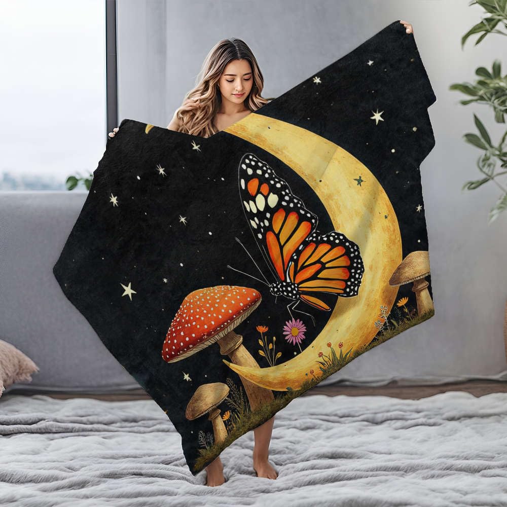 Coperta piccola con farfalla poggia su una luna crescente, coperta in flanella personalizzata per neonati (150 x 200 cm)