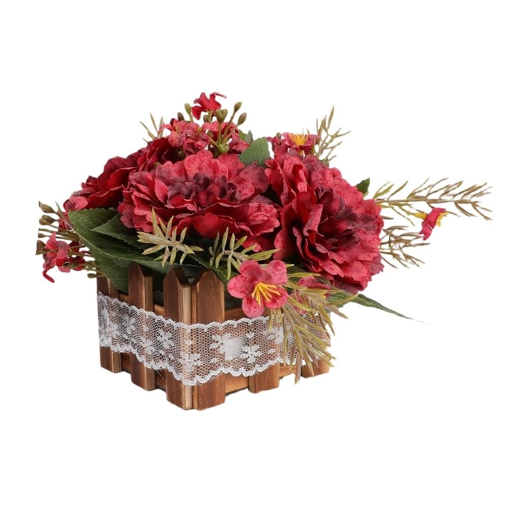 Huffa Winered Simulated Peony Flower Pots For Home Decoration | Decorative Silk Flower Ornaments With Wooden Fences(Winered)