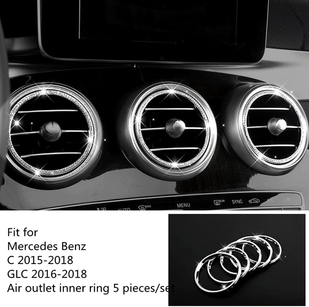 Bling Ring Rhinestone Decorative Circle Air Conditioning Vent Decal Cover Fit for Mercedes-Benz GLC 260 300 C-Class C260 C200 C180 (Air Outlet Inner Ring, Silver)