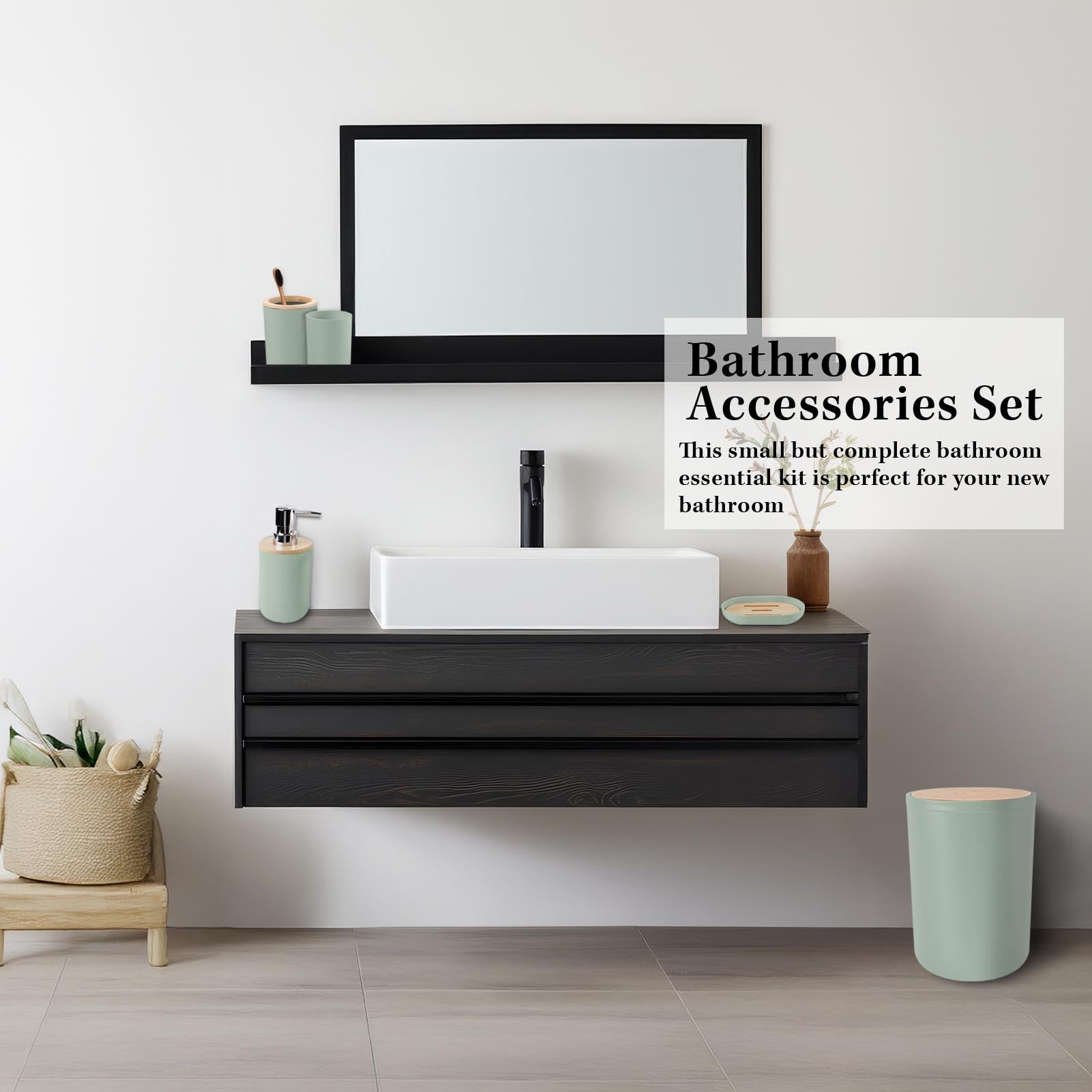 Britimes Badezimmer-Zubehör-Sets, salbeigrün Duschvorhang-Set mit Mülleimer, Seifenspender, WC-Bürstenhalter, Zahnbürstenhalter und Zahnbürstenbecher für Badezimmer-Dekor (Grün)