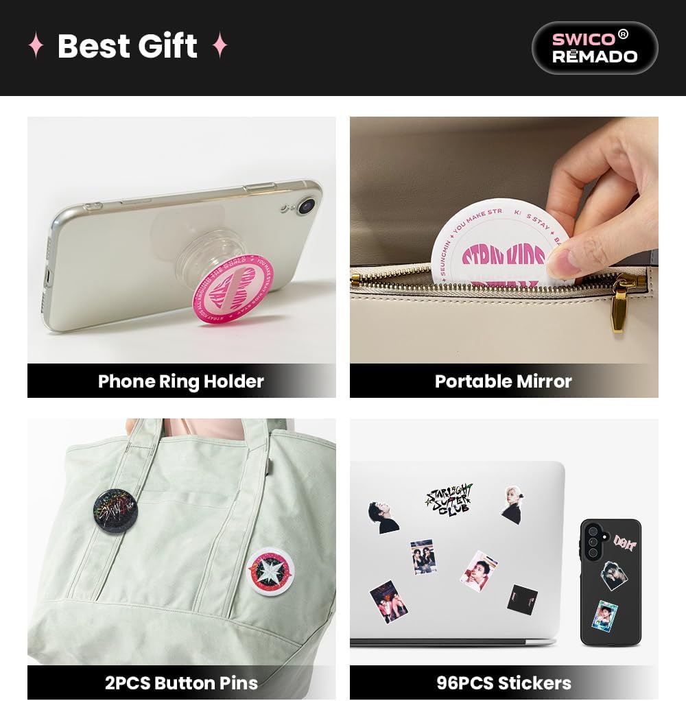 Swico Remado Album Merch Gift Box Set, Including 60 Photocards, 96 Stickers, 3 Inches Photocards Binder, 4 Bracelets, Mirror, 2 Button Pins, Keychain, Phone Ring Holder and 6 Pens for Stay Music Fans