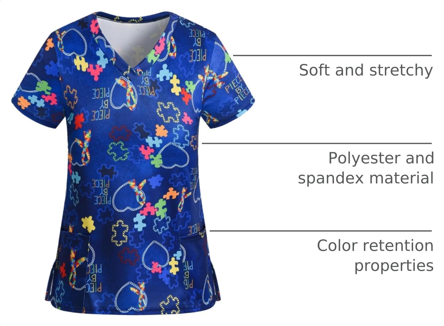 Printed Scrub Tops for Women Stretchy Vneck Short Sleeve Working Uniforms