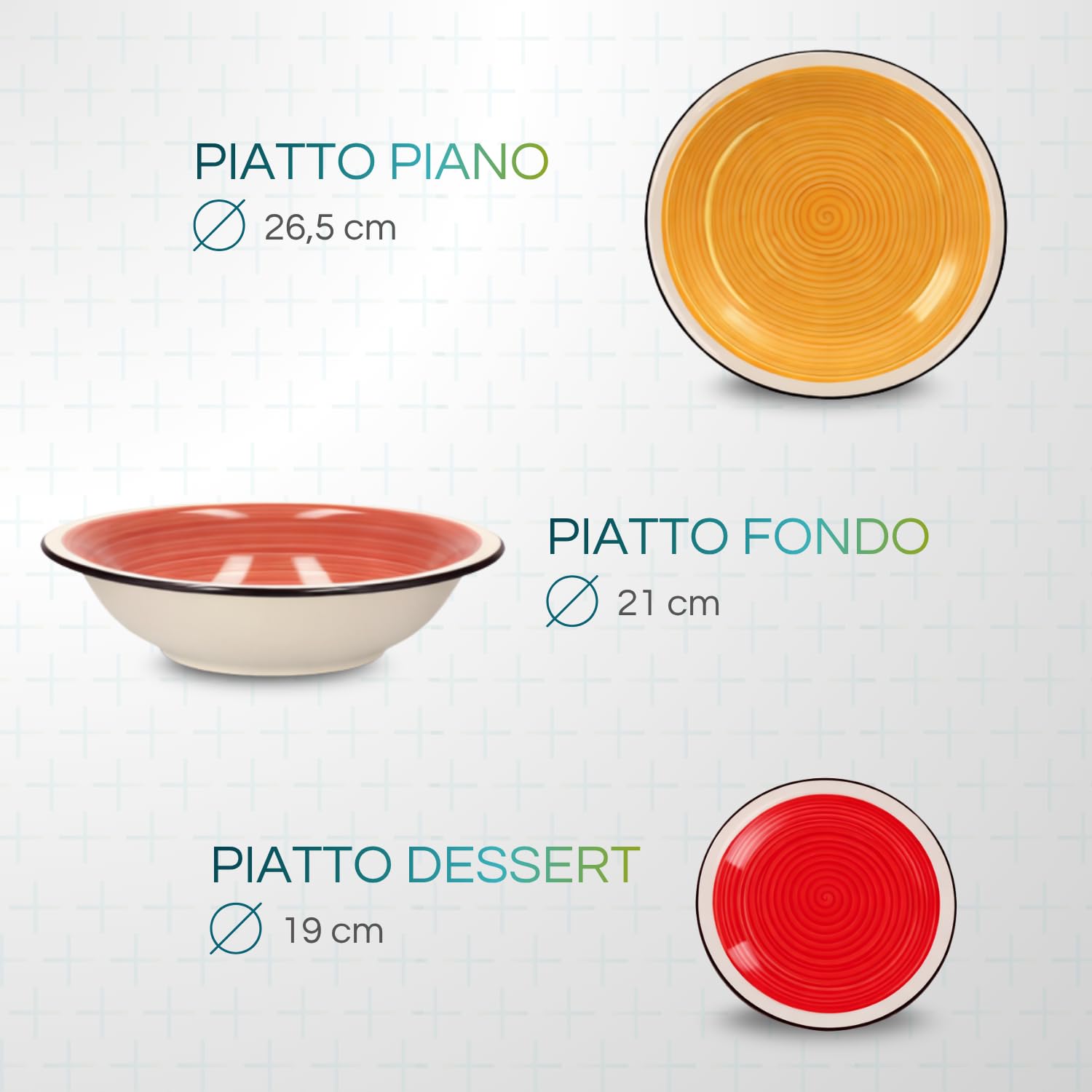 Paluplus Set 18 Piatti Rotondi in Ceramica Multicolor, Servizio per 6 Persone composto da Piatto Fondo Diam.21cm, Piatto Piano Diam.26,5cm e Piattino Dessert Diam.19cm -5165F -12