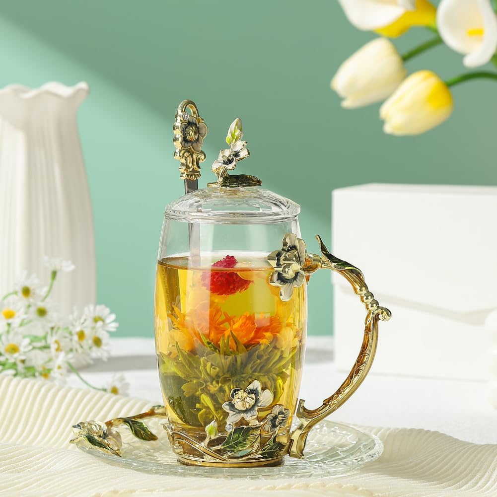 Unique Tea Cups Mother's Day Gift Enamels Flower Glass Coffee Mug with Spoon Jasmine Cups Birthday Christmas Gift for Women 12oz - Image 2