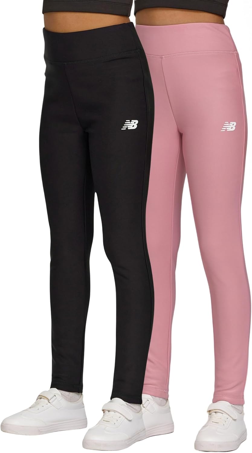 New Balance Girls Fleece Lined Leggings - 2 Pack Soft Stretch Yoga Pants, Athletic Warm Thermal Tights, Sizes 4-16
