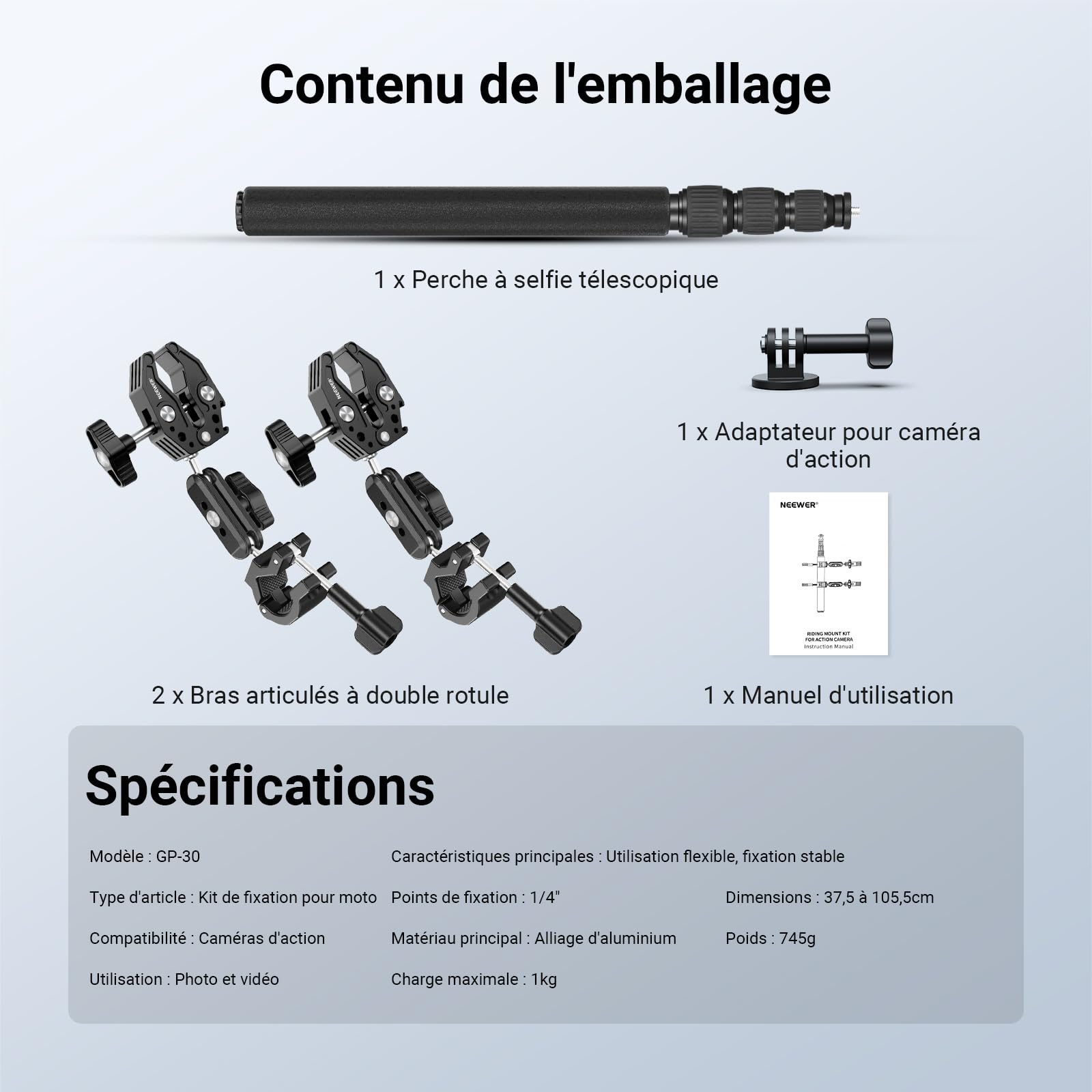 NEEWER Kit d'accessoires de montage de moto compatible avec GoPro Insta360 DJI, guidon de vélo invisible, support à double pince avec adaptateur de caméra d'action pour enregistrement vidéo POV, GP-30