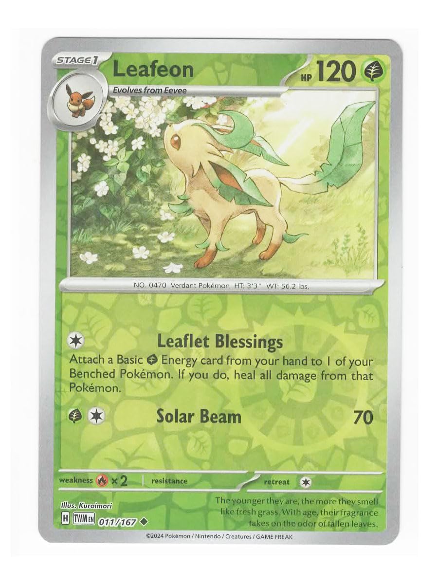Amazon.com: Pokemon – Leafeon 011/167 – Twilight Masquerade – Reverse Foil  Card – Rev Holo : Toys & Games