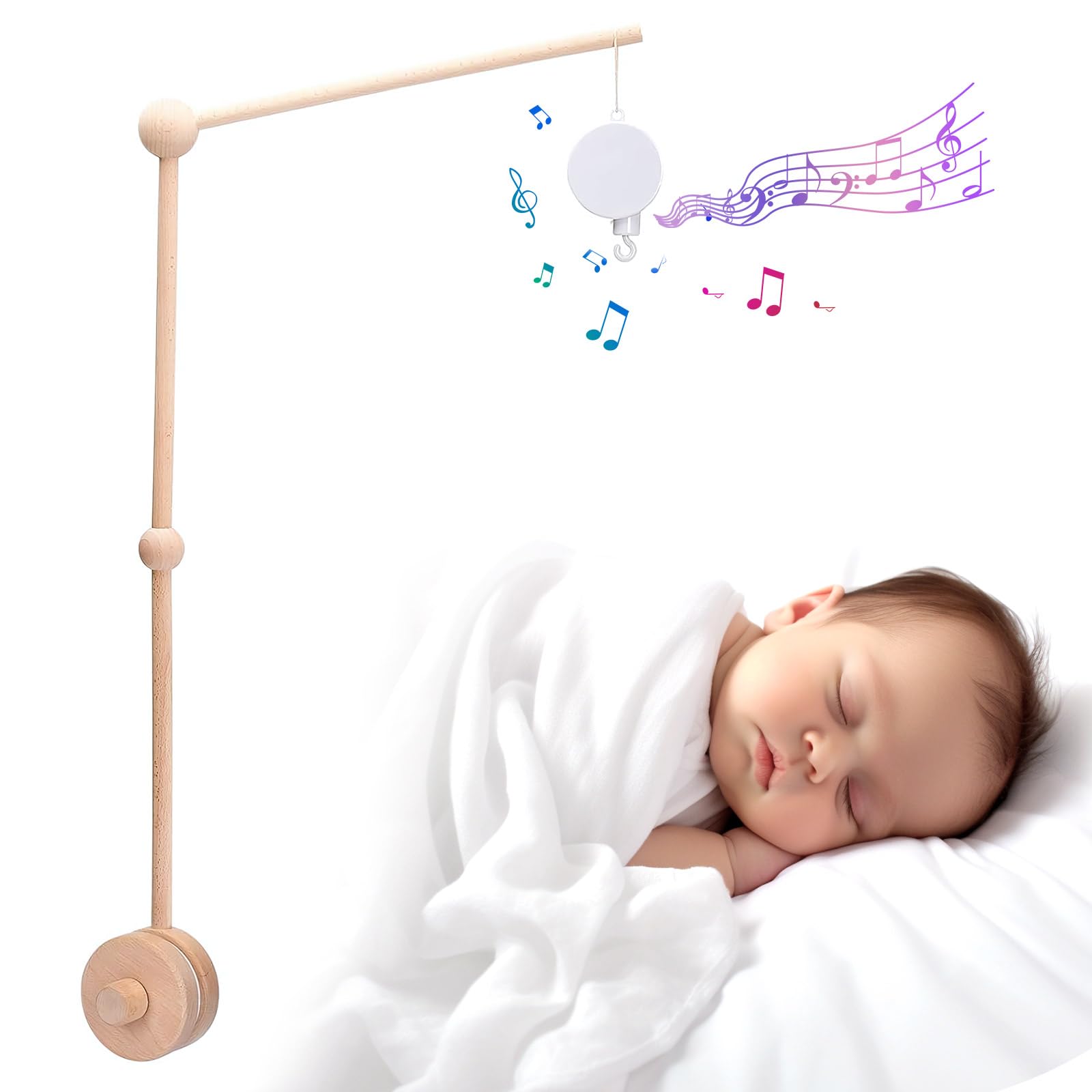 WIOSOUL Baby Crib Mobile Arm Wooden Holder with Rotating Music Box Nursery Decor Attachment Safe Anti Slip Set for Baby Girls Boys Nursery Decor