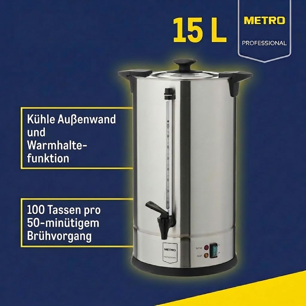 METRO Professional Kaffeemaschine GCM4015, 15 Liter, 100 Tassen, 1650 W, mit Filter, Warmhaltefunktion, Überhitzungsschutz, Füllstandsanzeige, Kühle Außenwand, Deckelverschluss, silber