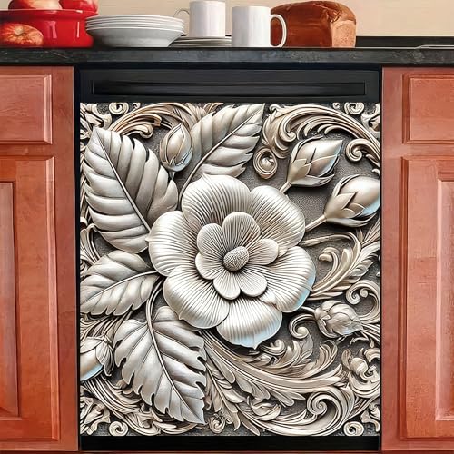 Image of HOMETITUTE Embossed Floral Magnetic Dishwasher Cover 23x26 Inch Decorative Appliance Panel Door Wrap for Kitchen Metal Surface Dishwasher Magnet Sticker Leaf Blossom Relief Design