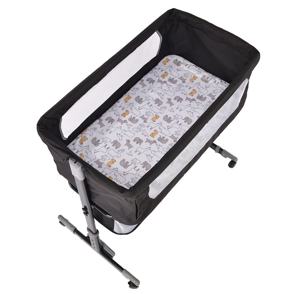 Cuna de Colecho para Bebé con Colchón, Función de Mecedora, Lateral Abatible, Altura Ajustable, Panel de Malla, Ruedas y Bolsa de Viaje 0-6 Meses (92 * 58 * 70-90cm)