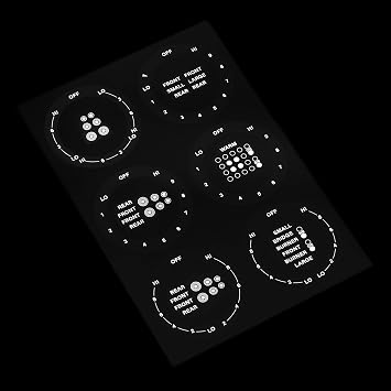 6 Dials Assorted HI-Lo 52mm AC/CCW 2" Large Cooktop Burner Decal Control Panel Labels White Print Clear Back Counter Clockwise Replacement Stove Sticker Gas Electric Function Knob Switch