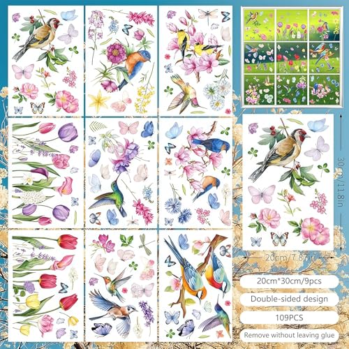 9 Blätter Fensterbilder Frühling Selbstklebend, Blumen Schmetterlinge Vögel Biene, Fenstersticker Frühling Anti-Kollision, Wiederverwendbar für Schlafzimmer Wohnzimmer Badezimmer (B)