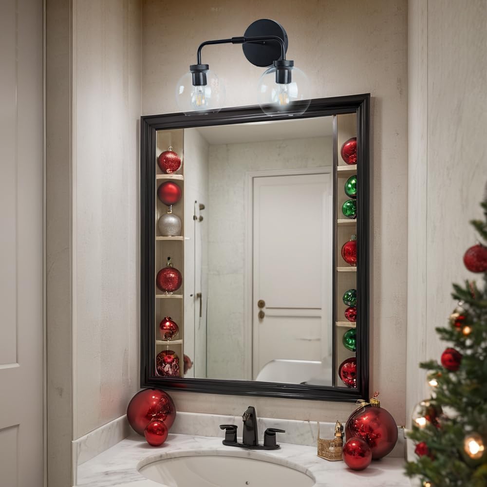 Modern Matte Black Double Glass Globe Wall Sconce, 17 X 7 Inch Vanity Light Over Mirror, Bathroom Light Fixture with Matte Black Metal Canopy