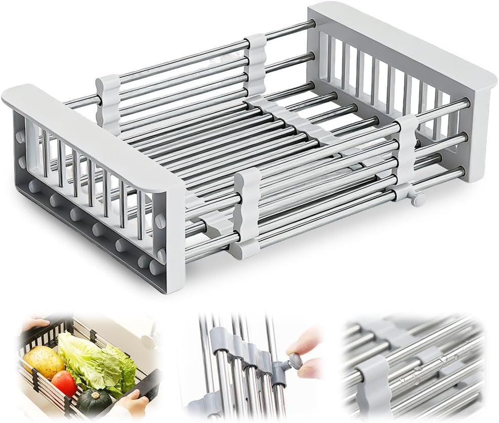 Extend Kitchen Sink Drain Basket, 2026 New Retractable Kitchen Sink, Adjustable Dish Drying Rack with Stainless Steel Drain Basket for Kitchen (Black, Large)