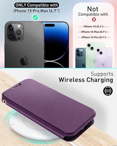 Miniatura 28 de OCASE Funda tipo cartera para iPhone 15 Pro Max, funda delgada de piel sintética, ranuras para tarjetas, bloqueo RFID, soporte, funda de teléfono a